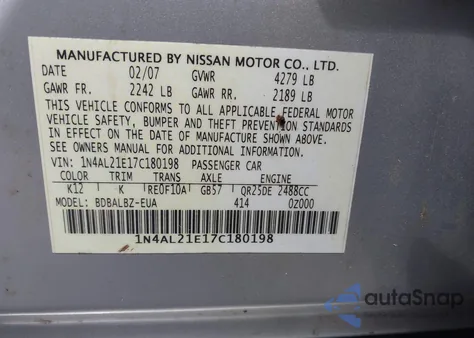 2007 Nissan Altima 2.5 S z USA, uszkodzony, nr VIN 1N4AL21E17C180198